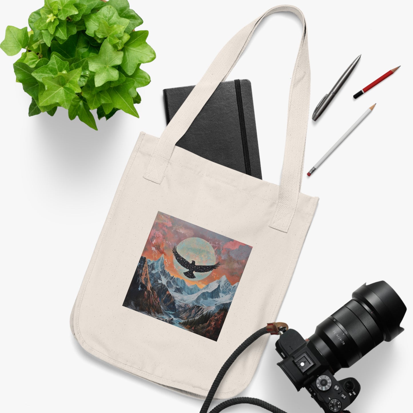 Mountain Sunset Organic Canvas Tote Bag, Eco-Friendly Shopper, Gift for Nature Lovers, Hiking Accessory, Reusable Grocery Bag